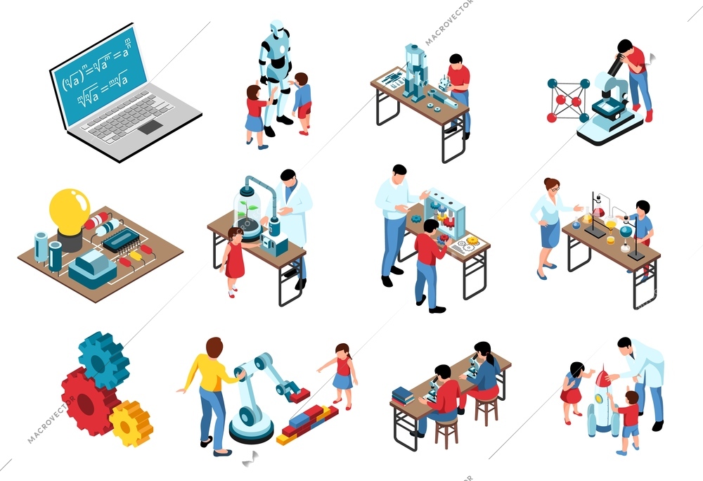 Isometric stem education set of isolated icons with laboratory equipment gear and human characters with robots vector illustration