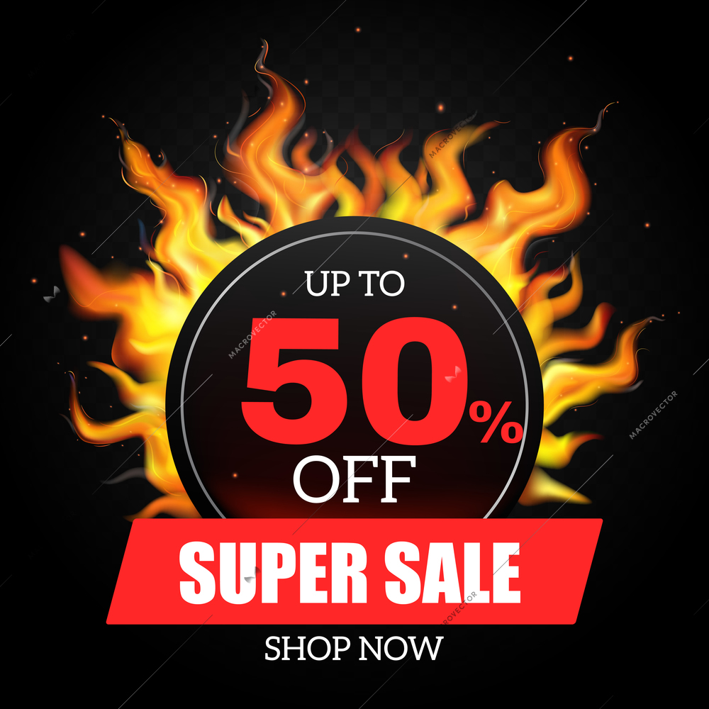 Realistic fire flame hot sale banner with up to fifty percent off super sale shop now headline vector illustration