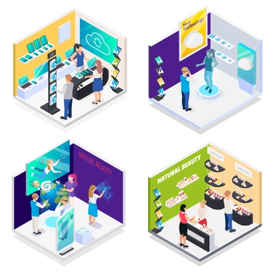 Modern technology exhibition halls 4 isometric compositions with virtual reality interactive demonstration electronics promotion stands vector  illustration