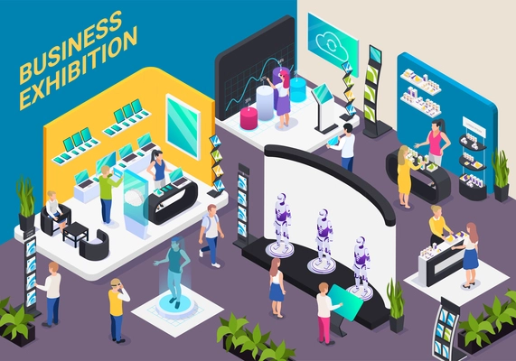 Modern business innovative technology exhibition hall isometric composition with electronic devices robots promotion stands visitors vector illustration