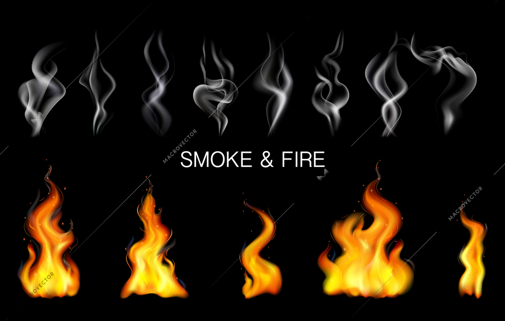 Realistic steam smoke fire flame icon set with different sizes shapes on black background vector illustration