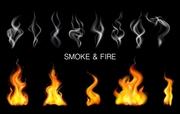 Realistic steam smoke fire flame icon set with different sizes shapes on black background vector illustration