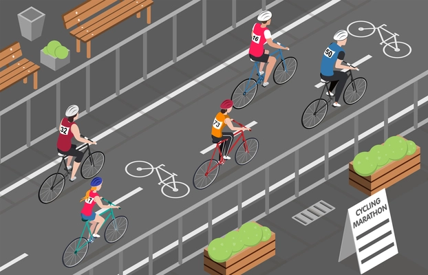 Cyclists participating in city bicycle marathon 3d isometric vector illustration