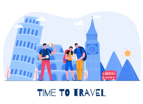 Tourism city composition with time to travel headline and three tourists on vacation vector illustration