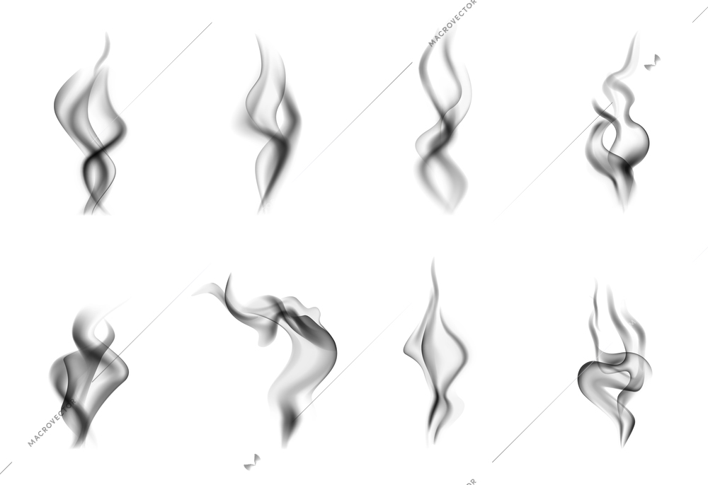 Isolated and realistic steam smoke black icon set different shapes and sizes on white background vector illustration