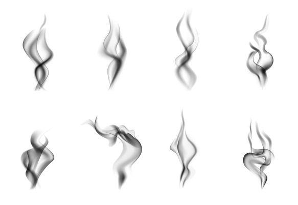 Isolated and realistic steam smoke black icon set different shapes and sizes on white background vector illustration