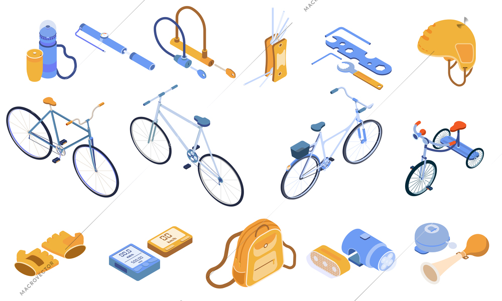 Bicycle isometric set with bike clothes and equipment isolated vector illustration