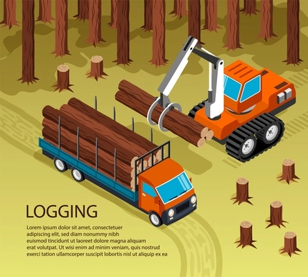 Isometric sawmill woodworking background composition with outdoor forest scenery and excavator loading trunks into a truck vector illustration