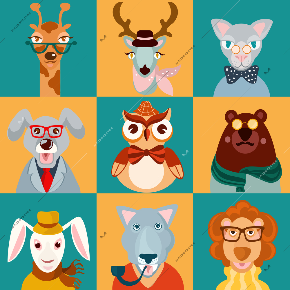 Decorative animal hipsters icons set cat bear owl lion isolated vector illustration