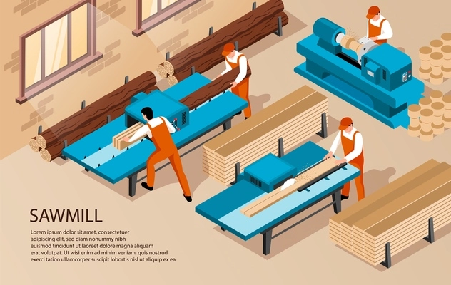 Isometric sawmill woodworking horizontal background with text and indoor composition of workers inside production facility house vector illustration