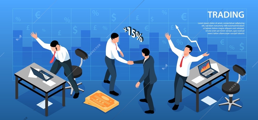 Isometric stock market exchange trading horizontal background composition with currency signs and traders workplaces with text vector illustration