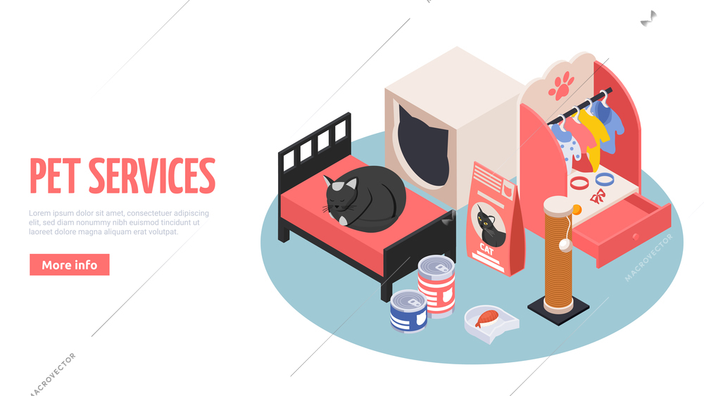 Pet hotel day care services web landing page  with cats bed food playground isometric composition vector illustration