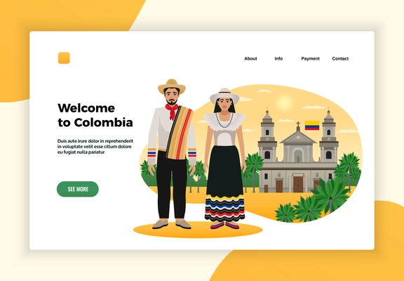 Colombia tourism page design with payment and contact symbols flat vector illustration