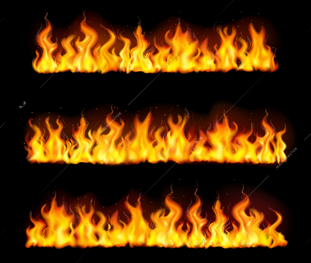 Isolated realistic fire flame borders icon set with three tall long pillars of fire vector illustration