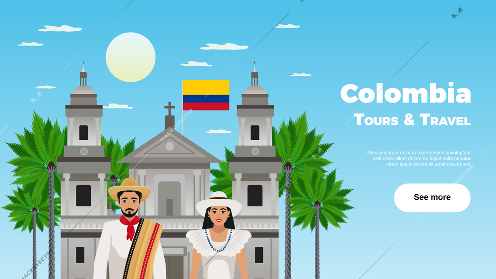 Colombia tours and travel poster with landmarks and national clothes symbols flat vector illustration