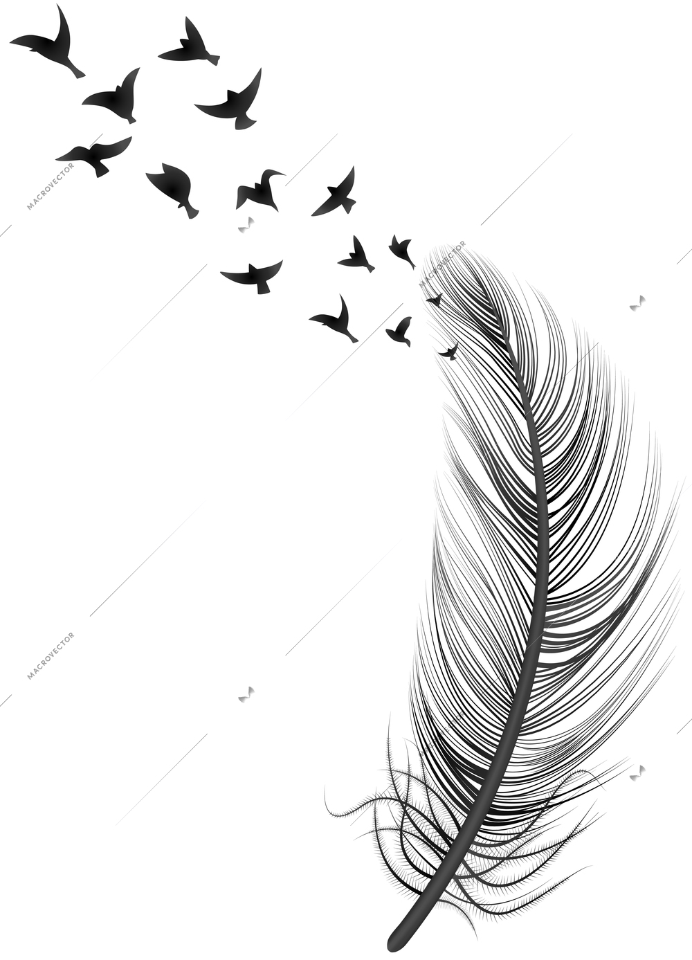 Realistic feather bird illustration abstract concept with big feather and flock of birds on top vector illustration