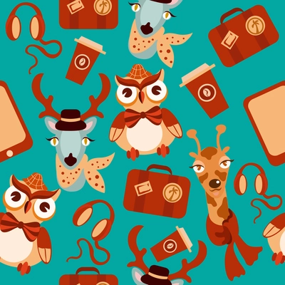 Decorative animal hipsters seamless background of owl deer giraffe vector illustration.