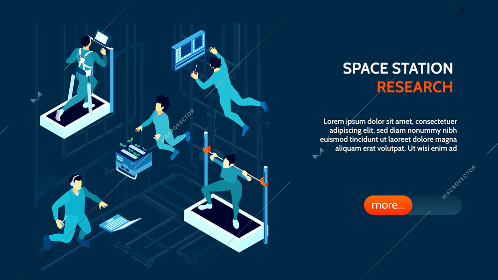 Horizontal banner with spacemen training growing plants and working at space station 3d isometric vector illustration