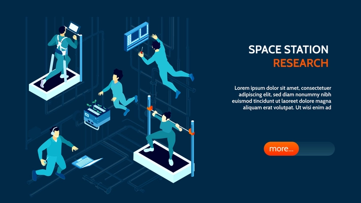 Horizontal banner with spacemen training growing plants and working at space station 3d isometric vector illustration