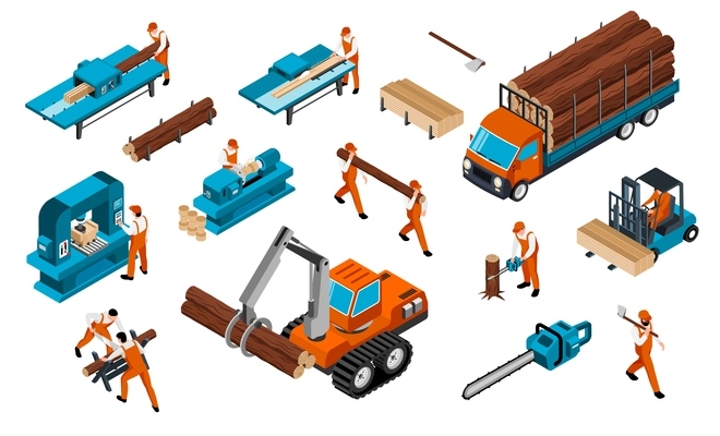 Isometric sawmill woodworking carpentry factory set of isolated icons with vehicles tools and people in uniform vector illustration