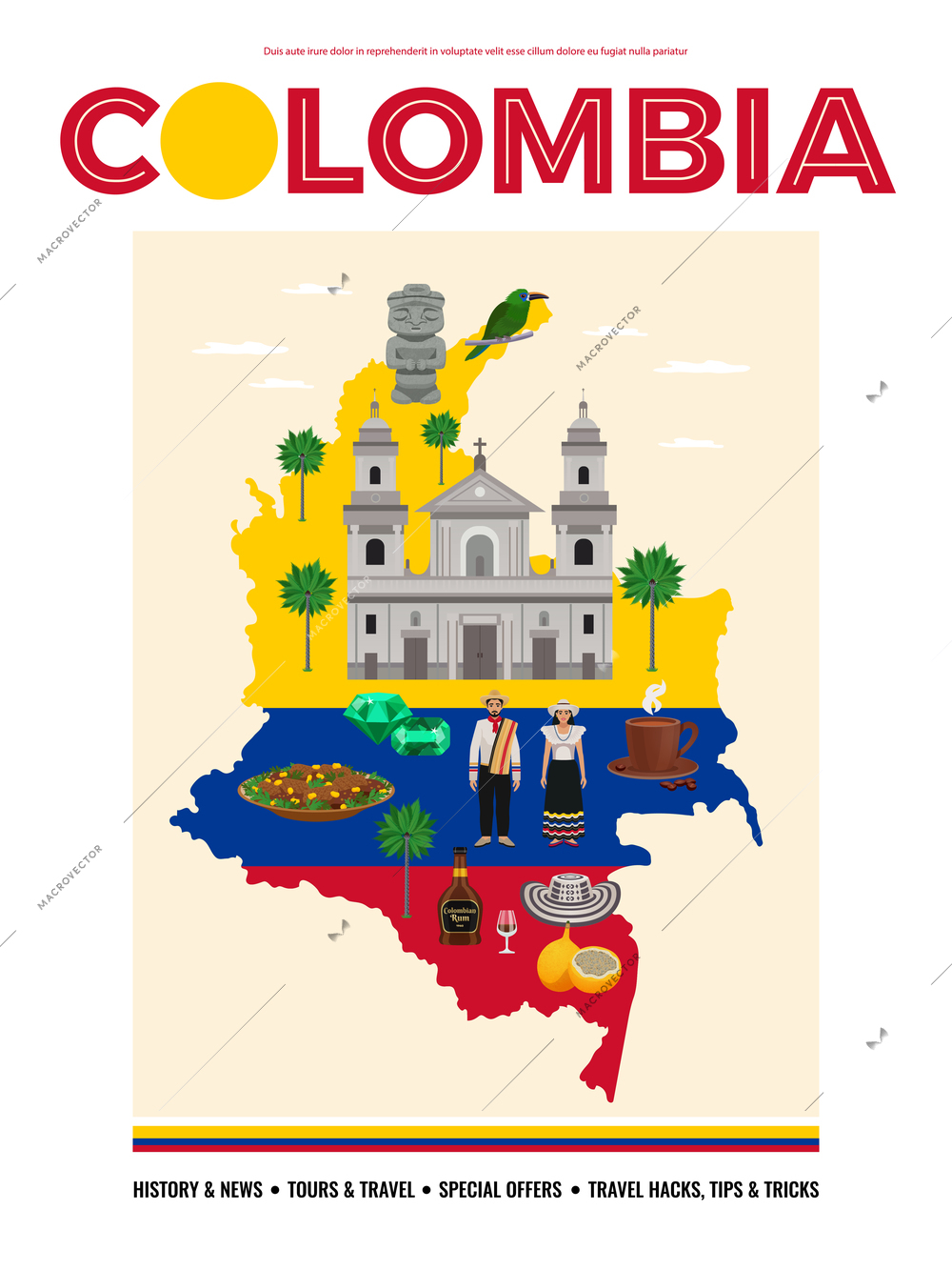 Colombia travel poster with special offers map symbols flat vector illustration