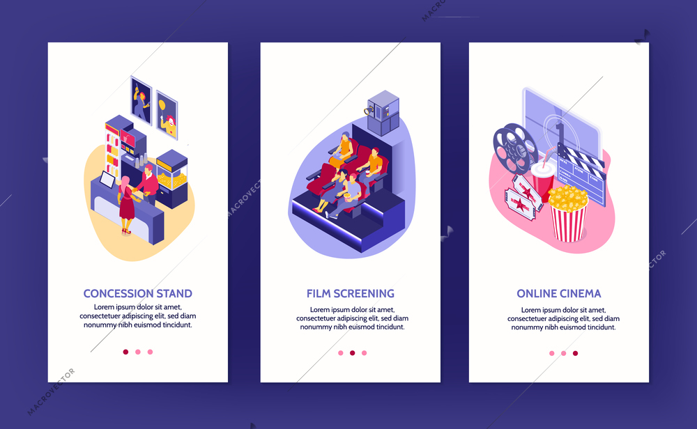 Isometric set of three vertical cinema banners with auditorium concession stand and online movie theater 3d isolated vector illustration