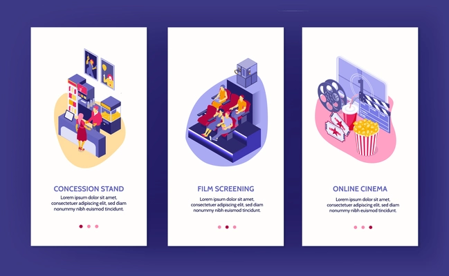 Isometric set of three vertical cinema banners with auditorium concession stand and online movie theater 3d isolated vector illustration