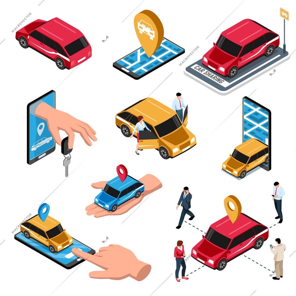 Car sharing service isometric icons set with mobile smartphone apps choosing auto handing keys symbols vector illustration