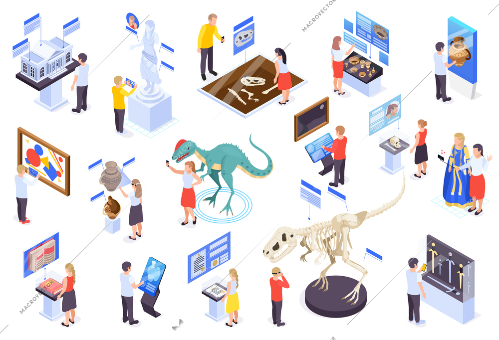 Modern museum technology isometric set with virtual reality interactive exhibits reconstruction dinosaurs amphora info displays vector illustration