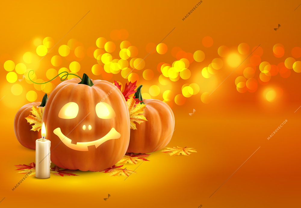 Cute halloween pumpkins with candles and yellow leaves on orange background realistic vector illustration