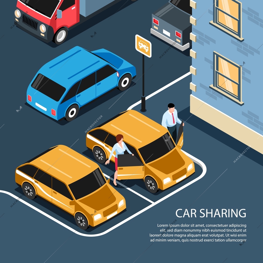 Car sharing home area city service isometric composition with colleagues man woman stepping into vehicle vector illustration