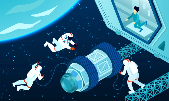 Three spacemen near cosmic station in outer space 3d isometric vector illustration