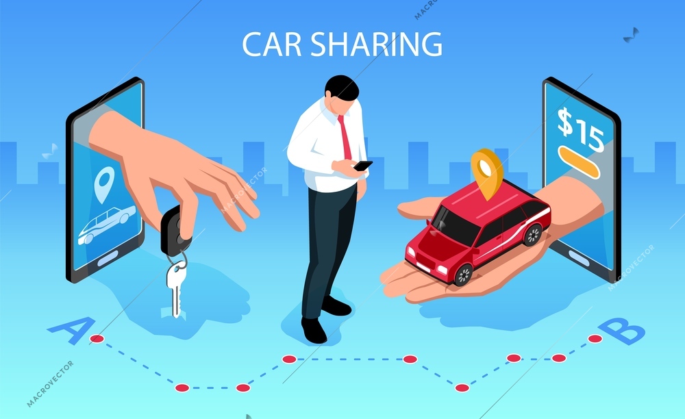 Car sharing horizontal isometric composition with mobile smartphone apps handing over vehicle key to customer vector illustration