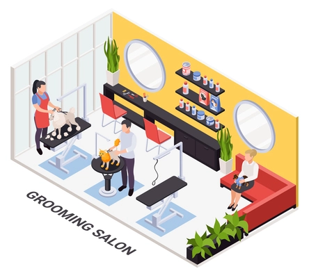 Pet trimming nail clipping services booking online isometric modern salon interior with stylists grooming dogs vector illustration