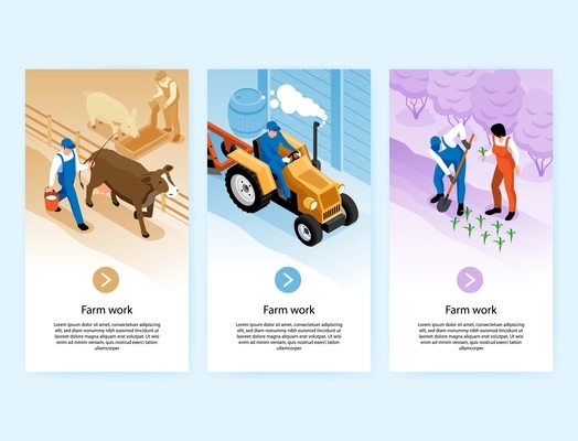 Farmer work 3 isometric vertical web banners with cow milking planting seedlings tractor plowing soil vector illustration