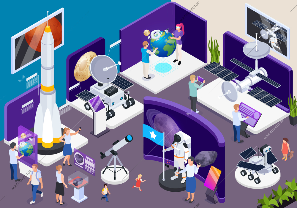 Modern museum astronomical exhibition hall isometric composition with telescopes spacecraft interactive virtual space travel adventure vector illustration