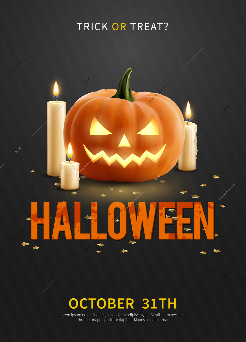 Realistic invitation poster with halloween pumpkin and three burning candles on dark background vector illustration