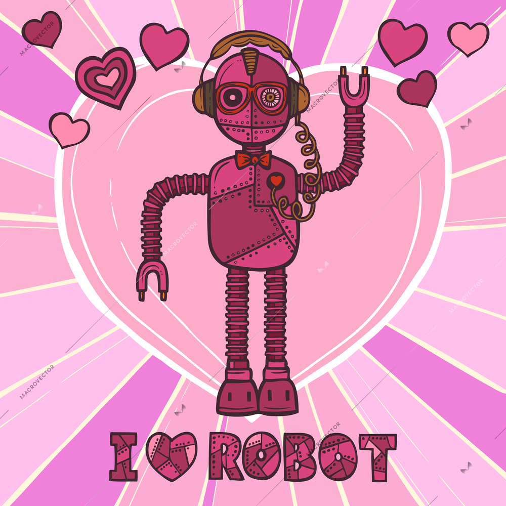 Pink funky robot hipster retro fashion humanoid design poster vector illustration