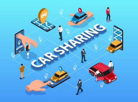 Car sharing location based service via smartphone application isometric flowchart scheme with handing key symbol vector illustration