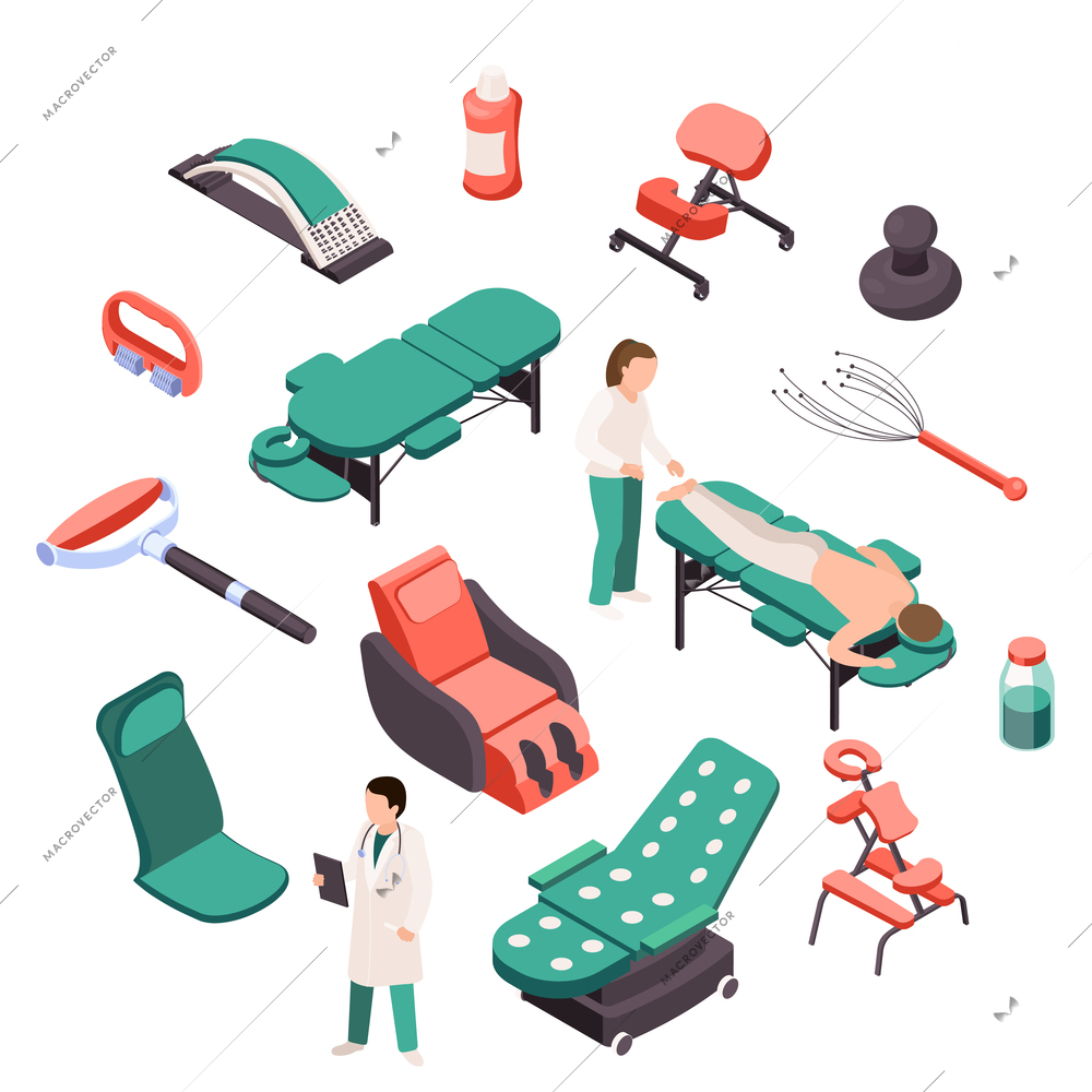 Massage therapy isometric recolor set with isolated images of wellness chairs couches equipment items and people vector illustration