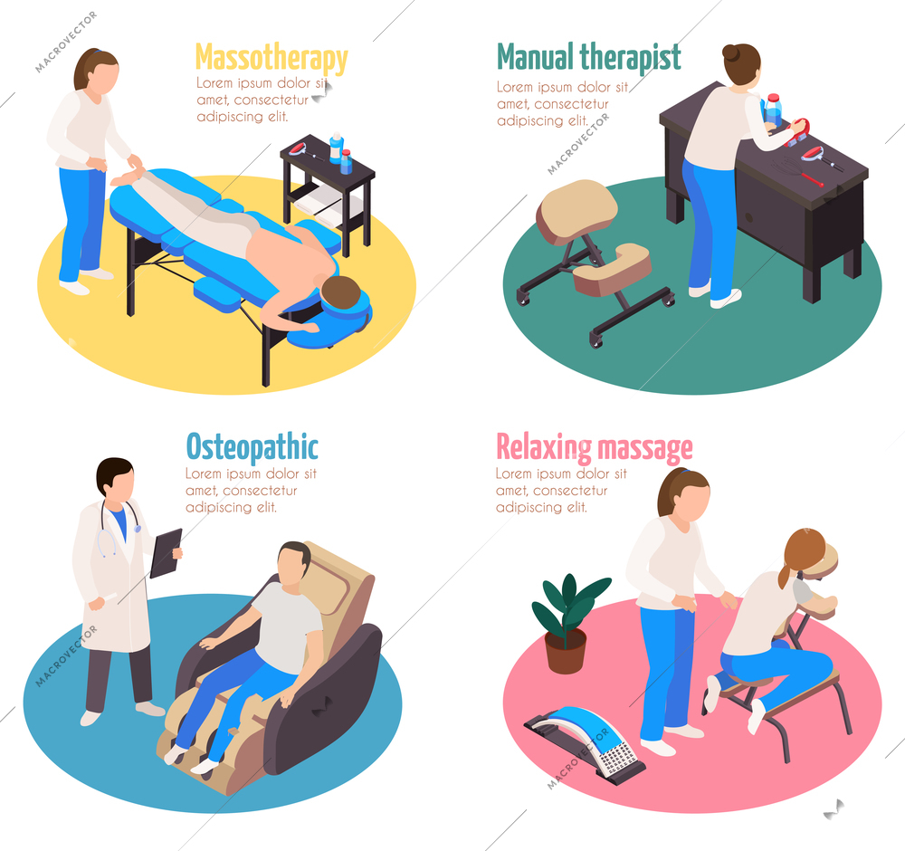 Massage therapy isometric 4x1 set of compositions with editable text and characters of physicians with patients vector illustration