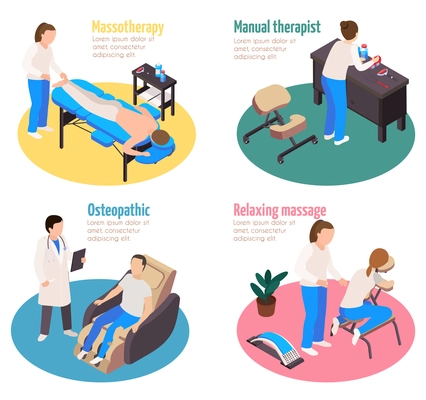 Massage therapy isometric 4x1 set of compositions with editable text and characters of physicians with patients vector illustration