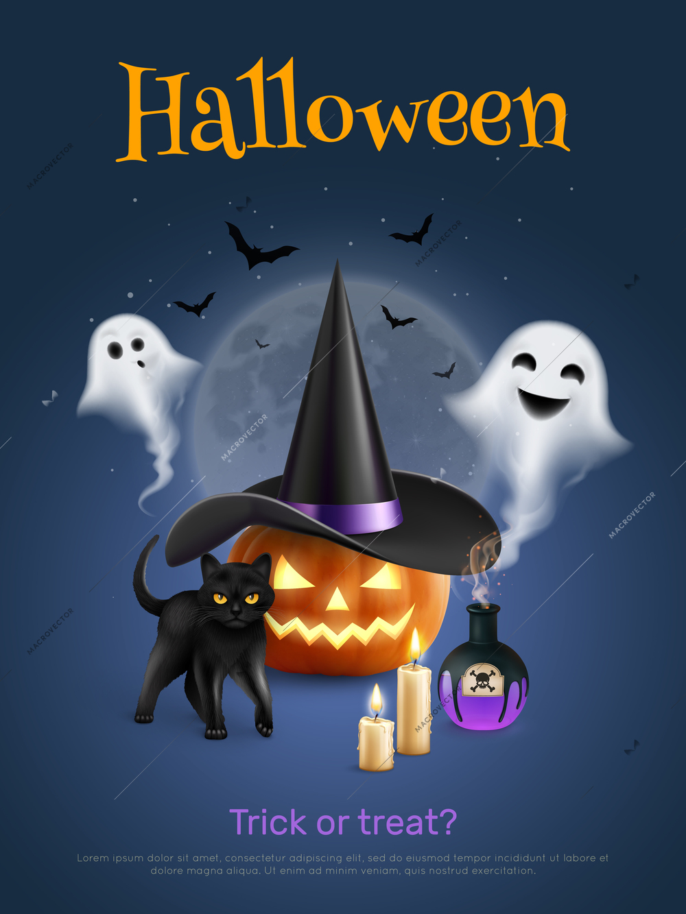 Realistic halloween poster with pumpkin black cat and cute ghosts on background with moon and flying bats vector illustration