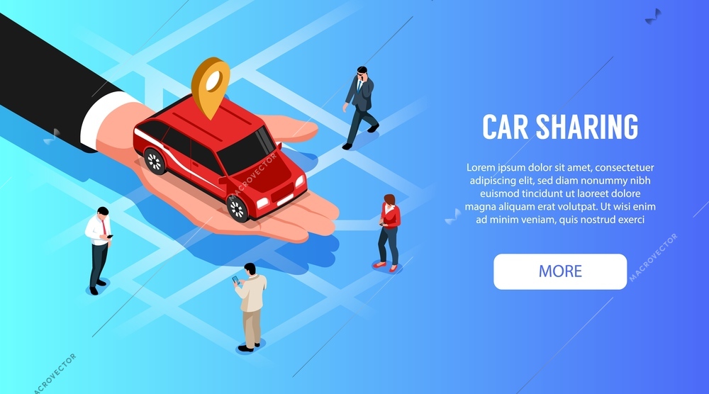 Car sharing online 24h service isometric web horizontal banner with red auto in hand palm vector illustration