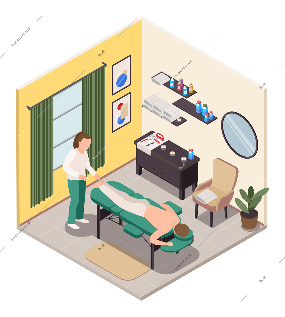 Massage therapy isometric room composition with indoor view of wellness room massage couch furniture and people vector illustration