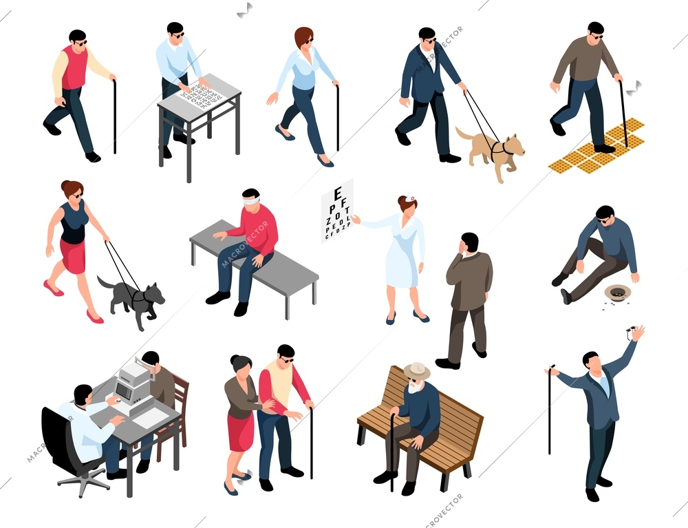 Blind people checking eyesight walking with cane guide dog begging outdoor reading braille isometric set vector illustration