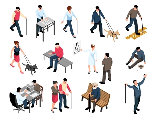 Blind people checking eyesight walking with cane guide dog begging outdoor reading braille isometric set vector illustration