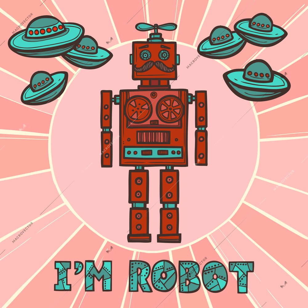 Red funky robot hipster retro fashion humanoid design with ufo poster vector illustration