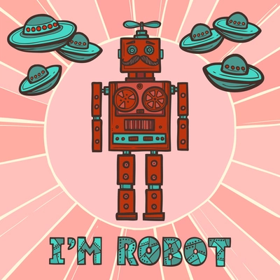 Red funky robot hipster retro fashion humanoid design with ufo poster vector illustration