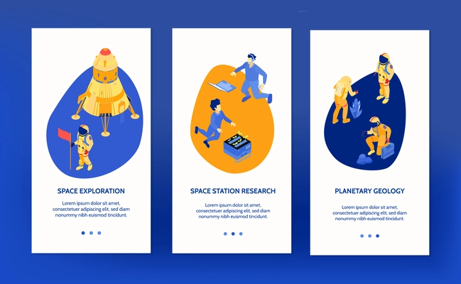 Vertical banners set with spacemen exploring space and working at station isolated on blue background 3d isometric vector illustration